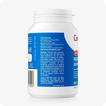 Conceive Plus Men's Fertility Support bottle side label view showing distributor details, safety warnings, barcode, and storage instructions, with blue and white color scheme and curved design emphasizing product authenticity and regulatory compliance.
