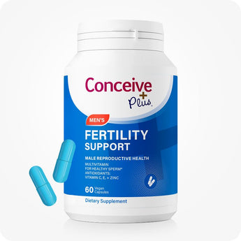For Conceive Plus Motility Booster Bundle image, showing the men's Fertility Support bottle in blue packaging, labeled with antioxidant and multivitamin details for sperm health, accompanied by two blue vegan capsules placed diagonally in foreground on a white gradient backdrop.