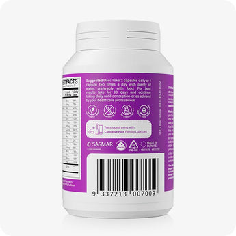 Conceive Plus Women's Fertility Support bottle shown from back, highlighting dosage instructions, usage suggestions, daily intake advice, and barcode, with visible supplement icons and a label recommending use with Conceive Plus Fertility Lubricant.